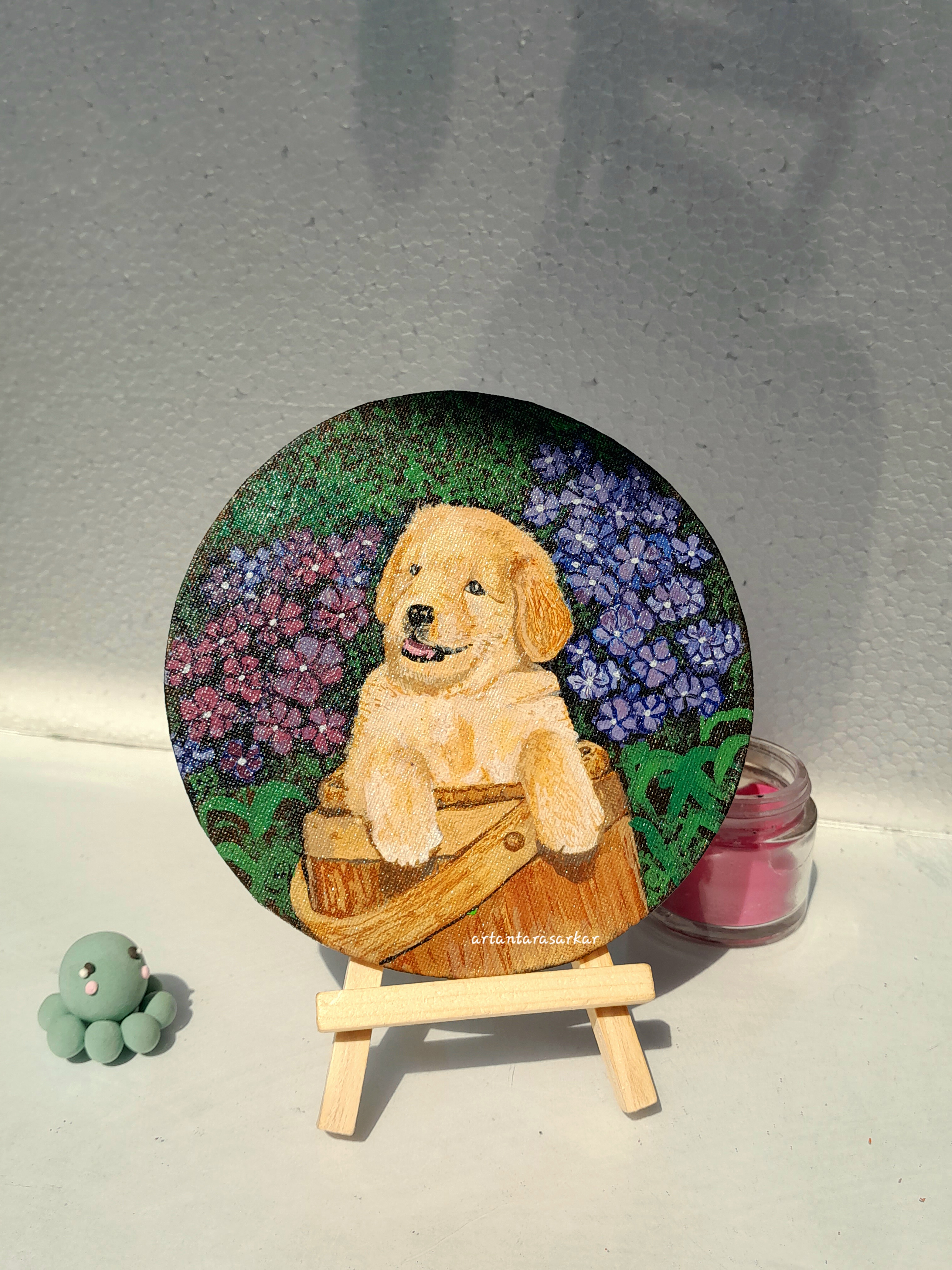 Cute dog portrait on circular canvas/dog painting on canvas table decor