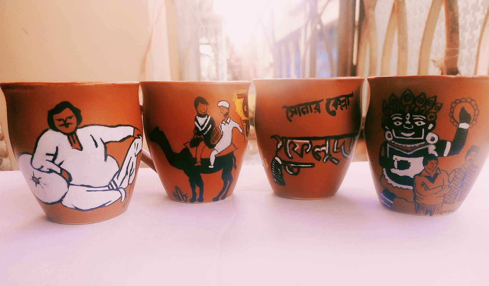 Hand Painted Feluda Series Tea Cups Kulhad Sets of 4 (Without Handle), Feluda Lovers, Bengali Film Satyajit Ray